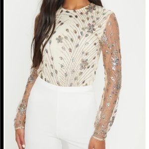 PrettyLittleThing Nude embroidered mesh bodysuit